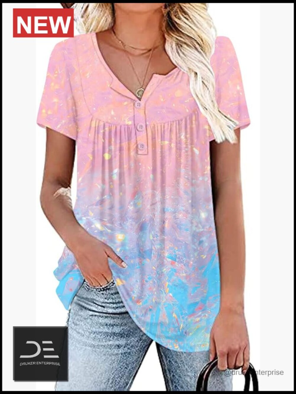 Rayon Spandex Short Sleeve Tunic Blouse with Lace Panel